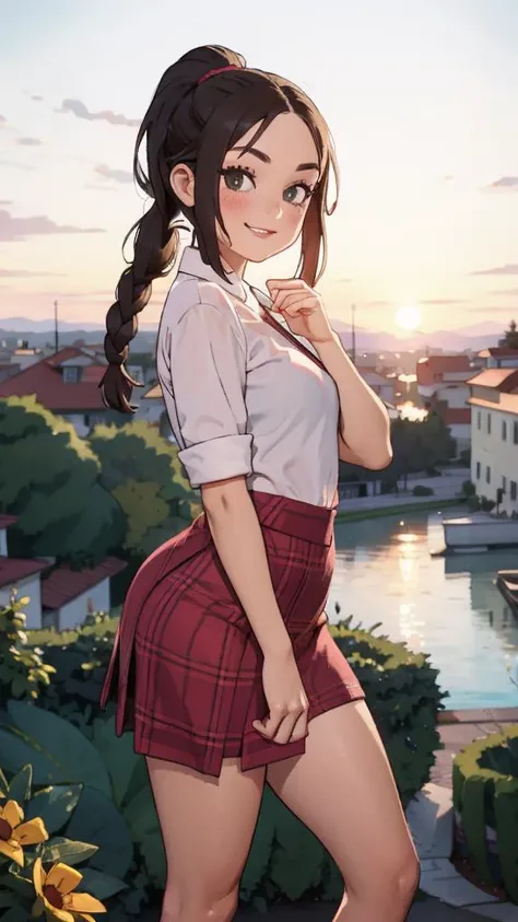 close-up, girl, happy, athletic body type, (looking at viewer:1.3) BREAK wearing steel jersey flannel shirt and blush rayon flared skirt BREAK (gray braided wrap-around ponytail hair:1.2) BREAK sunset overlook in background,