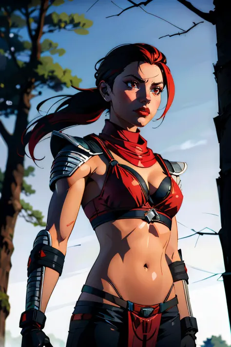 Skarlet, black hair, multicolored hair, red eyes, ponytail, red bikini, midriff, fingerless gloves, scarf,pelvic curtain, shoulder pads, looking serious, standing, outside, forest, dusk, soft lighting,  high quality, masterpiece, <lora:Skarlet:.8>