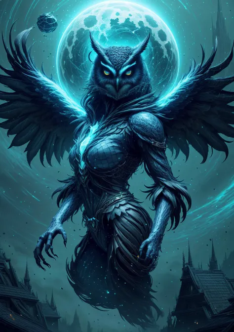 a dark blue owl with wings and a large head is standing in front of a full moon