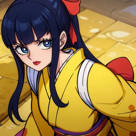 anime girl with long black hair and blue eyes in yellow outfit