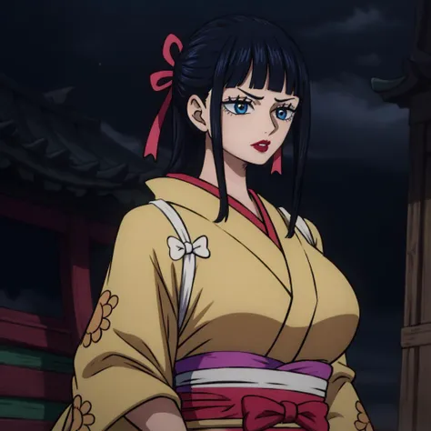 a close up of a woman in a kimono outfit standing in front of a building