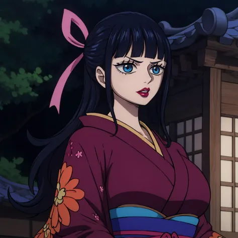 a close up of a woman in a kimono outfit with a pink bow