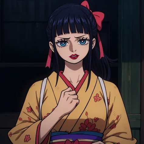 anime girl in kimono outfit with red bow and blue eyes