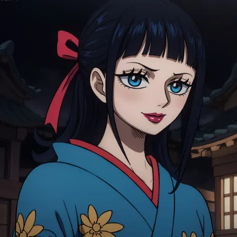 a close up of a woman in a blue kimono outfit