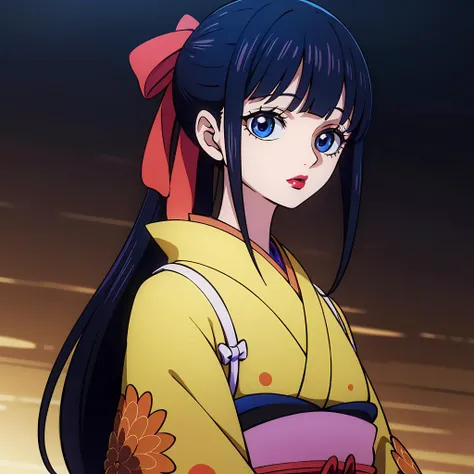 Best_QualityPos, RAW photo, intricate details, best quality, 8k uhd, soft lighting, 1girl, solo, black hair, bangs, long hair, hair ribbon, red ribbon, blue eyes, red lipstick, japanese clothes, kimono, yellow kimono, long sleeves <lora:Kikunojo:0.7>