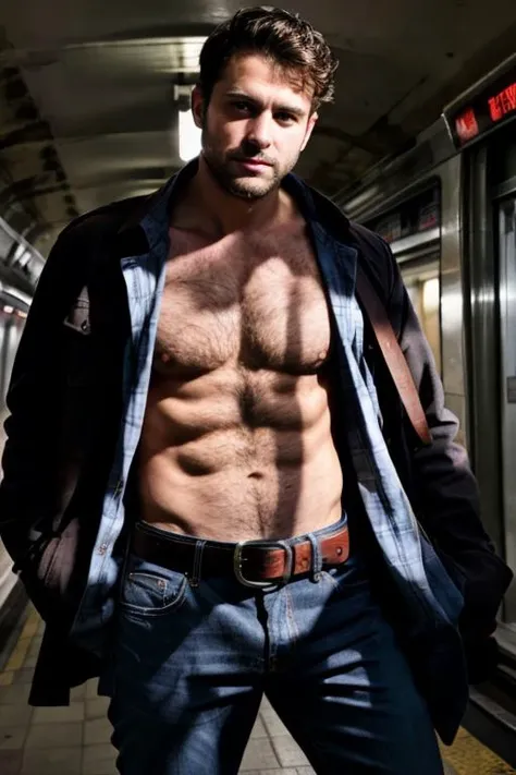 man, open shirt, jeans, belt, on the underground, stubble, <lora:Hairy Body:0.6> hairy body, RAW photo, 8k uhd, cinematic lighting