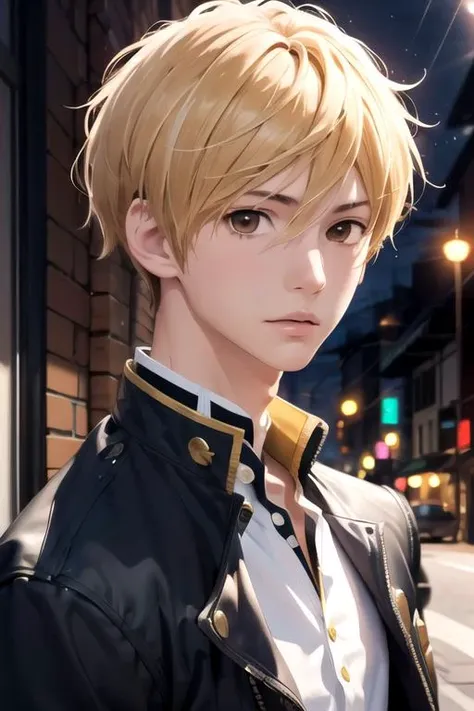 masterpiece, best quality, wallpaper, 1boy, solo, male focus, looking at viewer, upper body, depth of field, , , <lora:rio_yamamoto:0.74>, rio_yamamoto, blonde hair, brown eyes, , gothic,