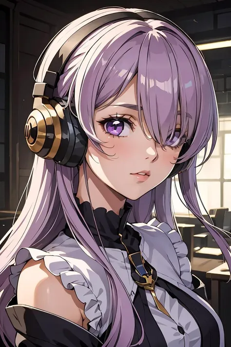 a woman with headphones on and a purple hair