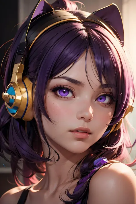 a close up of a woman with headphones on and a cat ear