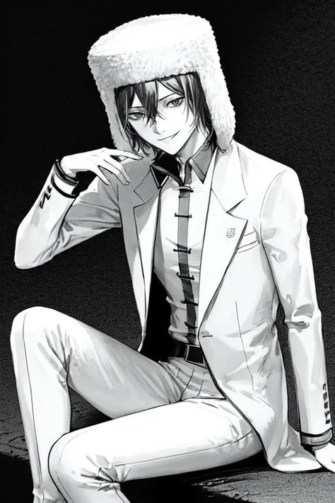 1boy, male focus, greyscale, fur hat, ushanka, fur trim, monochrome, solo, white shirt, white pants, black boots, sitting, short hair, black hair, portrait, grin, smirk, gesugao, hair between eyes,  <lora:Fyodor_Dostoyevsky_Manga:1>,