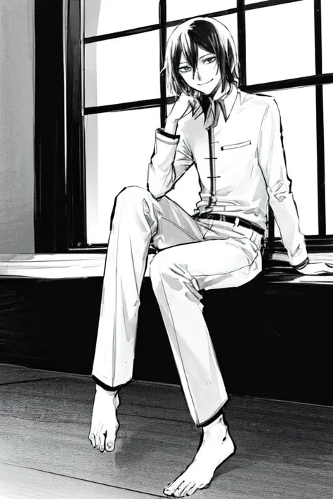 1boy, male focus, greyscale, monochrome, solo, white shirt, white pants, barefoot, sitting, short hair, black hair, portrait, grin, smirk, gesugao, hair between eyes,  <lora:Fyodor_Dostoyevsky_Manga:1>,