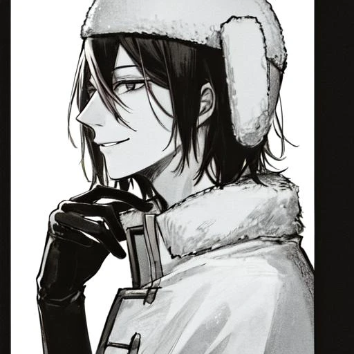 1boy, male focus, fur hat, greyscale, monochrome, solo, ushanka, hat, short hair, black hair, side view, profile, from side, portrait, grin, smirk, hair between eyes,  <lora:Fyodor_Dostoyevsky_Manga:1>