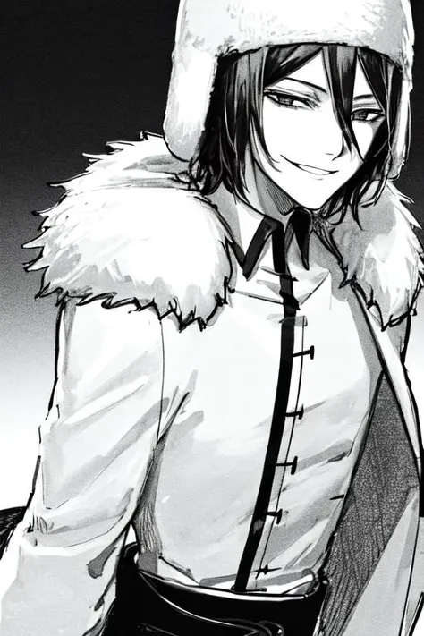 1boy, male focus, fur hat, greyscale, monochrome, solo, ushanka, hat, waist-up, short hair, black hair, portrait, grin, smirk, gesugao, hair between eyes,  <lora:Fyodor_Dostoyevsky_Manga:1>,