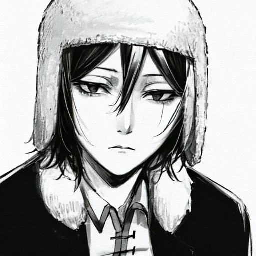 fur hat, greyscale, monochrome, solo, ushanka, hat, short hair, black hair, portrait, expressionless, hair between eyes,  <lora:Fyodor_Dostoyevsky_Manga:1>