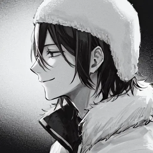 1boy, male focus, fur hat, greyscale, monochrome, solo, ushanka, hat, short hair, black hair, side view, profile, from side, portrait, grin, smirk, hair between eyes,  <lora:Fyodor_Dostoyevsky_Manga:1>