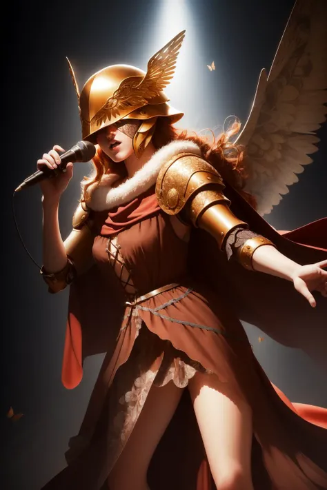 (masterpiece, best quality),  intricate details,
1girl, <lora:MaleniaV2:0.8> MaleniaDef, armor, cape, helmet, brown dress,  MaleniaRot, wings, covered eyes, scar, butterfly, bug,  prothestic leg, single mechanical arm, prosthesis
singing, microphone, on st...