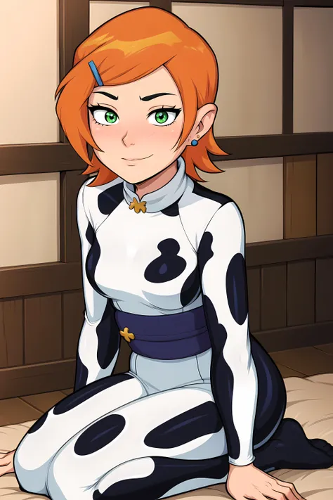 a woman in a cow suit sitting on the floor