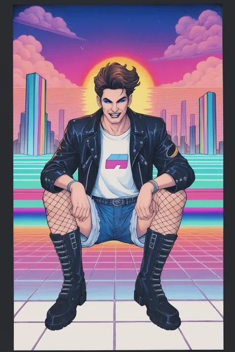 a man in a leather jacket and fishnet stockings sitting on a tiled floor