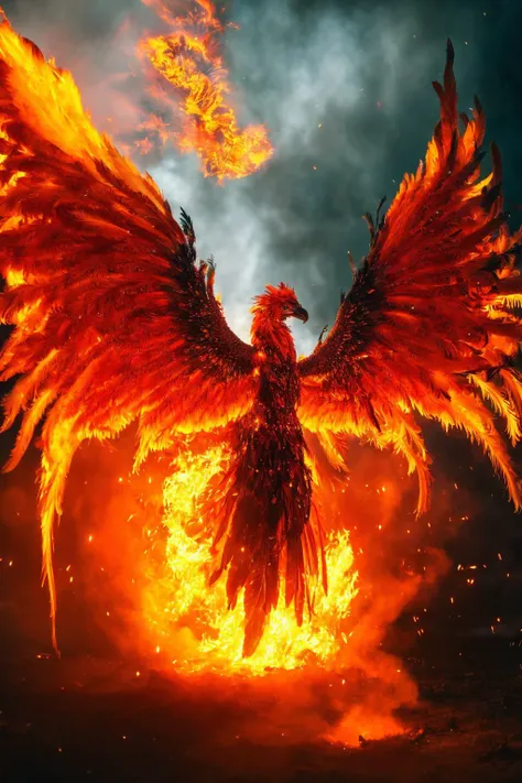 fantasy art, epic scene, mythological character,
eternal phoenix, flames, burning, glowing red eyes, ablaze, feathers, feather headdress, burning wings,
highly intricate, extremely detailed, particles clouds