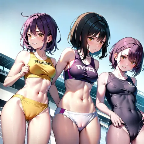 (3girls), (track and field),  <lora:trackUniform_v1jp:1>, sports bras, (short purple hair:1.2), yellow eyes, track uniforms, sportwears, intricate details, transparency, sweat, cameltoe, evil smile, <lora:breastinclassBetter_v141:0.4>, nipples, small breas...