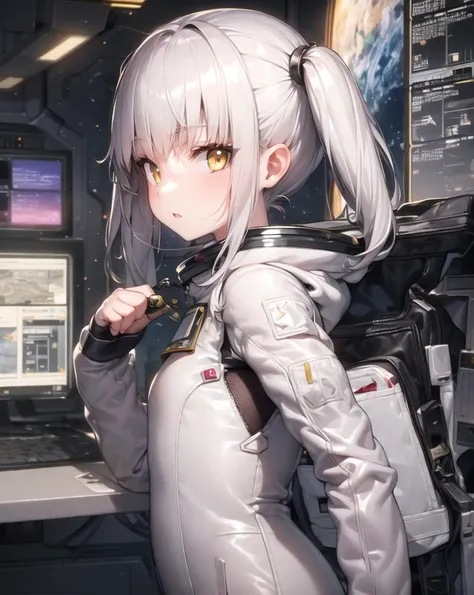 masterpiece, best quality, 1girl, (space), spacecraft, (spacesuit), upper body, from side, science fiction, yellow eyes, twintails, silver hair,