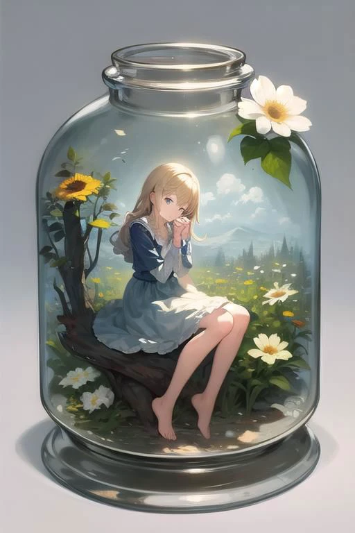 masterpiece, best quality, 1girl, in a jar, jar, simple background, full body, flower, sitting,