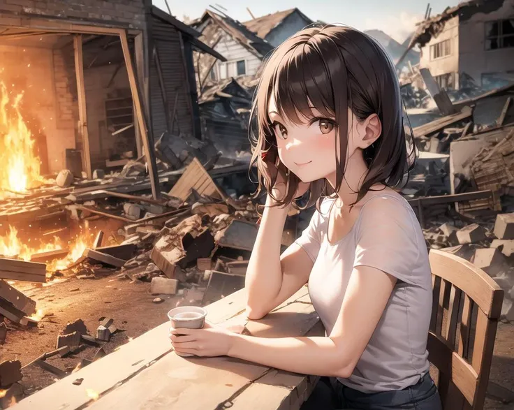 masterpiece, best quality, 1girl, brown eyes, medium hair, looking at viewer, brown hair, casual, light smile, sitting, outdoors, chair, outdoors, sunlight, fire, rubble, house on fire, from side, table, cup,