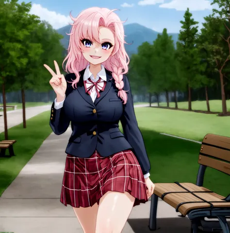 (masterpiece, best quality),<lora:styleMantisX_v10:0.85>,1girl,young, cute, walking , perspective, ,pink braided hair, large breasts, schoolgirl uniform, plaid skirt, , outdoors, facing viewer, smiling, solo, dirt road, park, benches