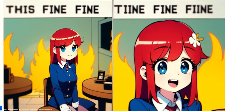 (this_is_fine_meme:1.2), girl, fire