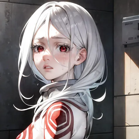 (highres, best quality, masterpiece:1.2), 1girl, shiro /(deadman_wonderland/), (worried, stressed), half-closed mouth, sweating, (realistic face:0.3), young, red eyes, white hair, industrial, (extremely detailed face),  <lora:shiroDeadman_v10:1>