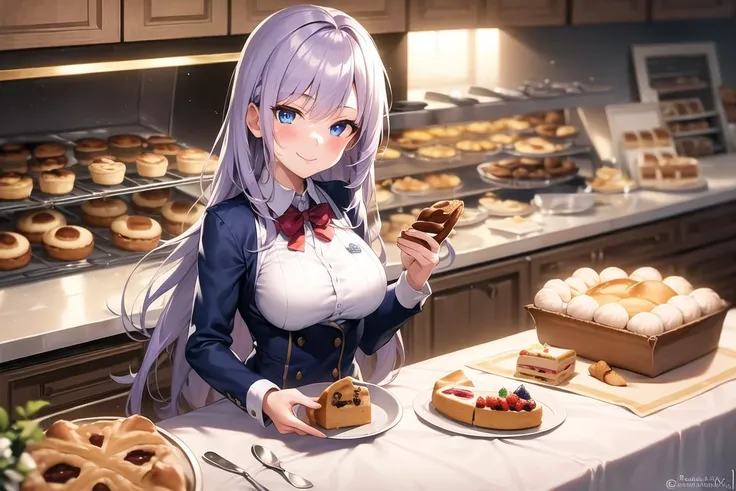 masterpiece, best quality, ((1girl, solo)), (light purple hair, long hair), blue eyes, (medium breasts), (cake pan, oven, bread basket), ((patissier uniform)), looking at viewer, smile, closed mouth, (inside bakery, kitchen, table, (cake, pastries on the t...