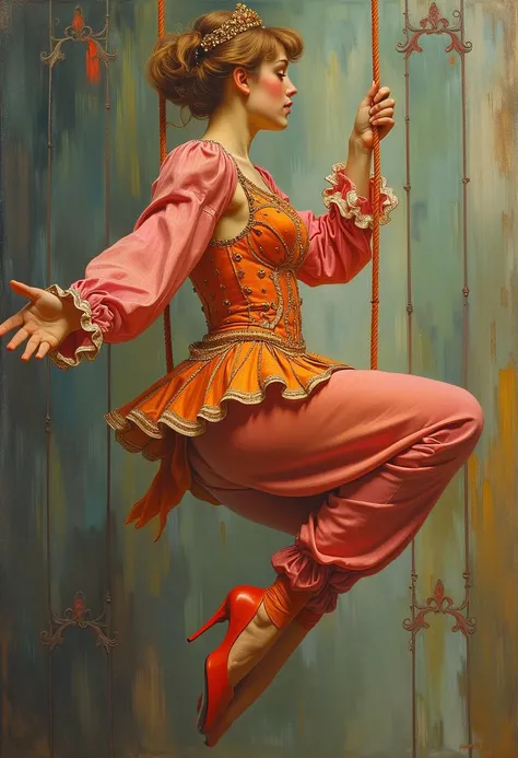 style of Alphonse Mucha, painted portrait of a female circus acrobat on a flying trapeze, orange and pink sparkling circus outfit