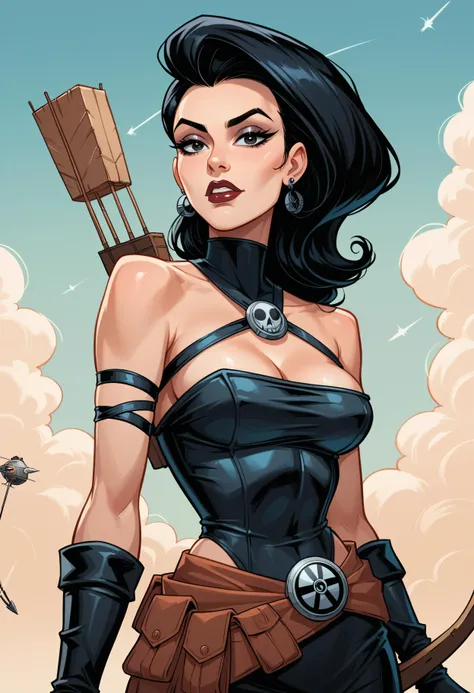 source_real, source_cartoon, source_comic, score_9, score_8_up, score_7_up, cartoonish, sci-fi, sexy female goth, archer, high detail sci-fi bow and arrow, (resembling sagittarius:1.3), (the zodiac:1.3), astrological sign, sci-fi background