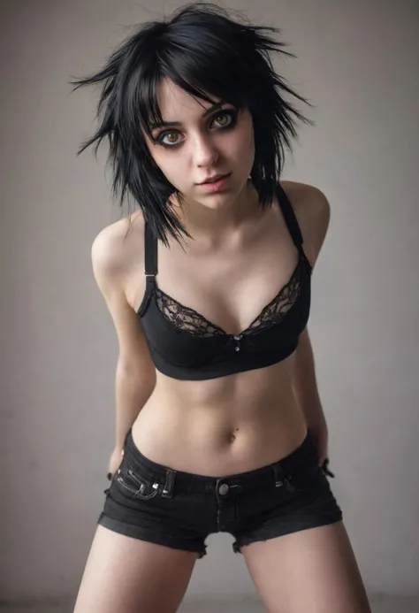 photo of a playful emo female, cinematic lighting, detailed face and eyes, wearing bra and shorts, soft realistic shadows, eye catchlight, depth of field