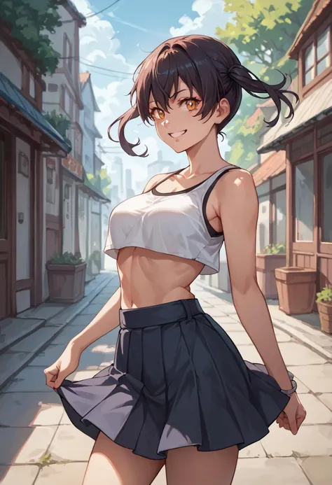 score_9, score_8_up, score_7_up, 1 girl, TamakiKotatsu, crop top, skirt, standing, smile