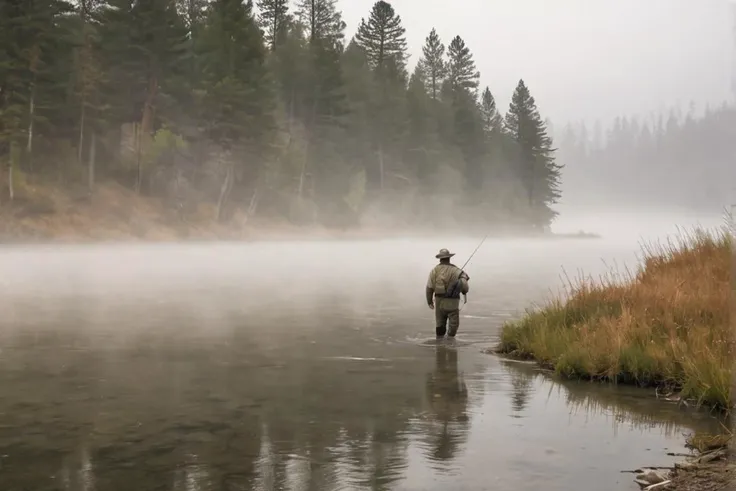 14. A fly fisherman wading through a fog-covered river in the heart of Montana. Absurd photo,