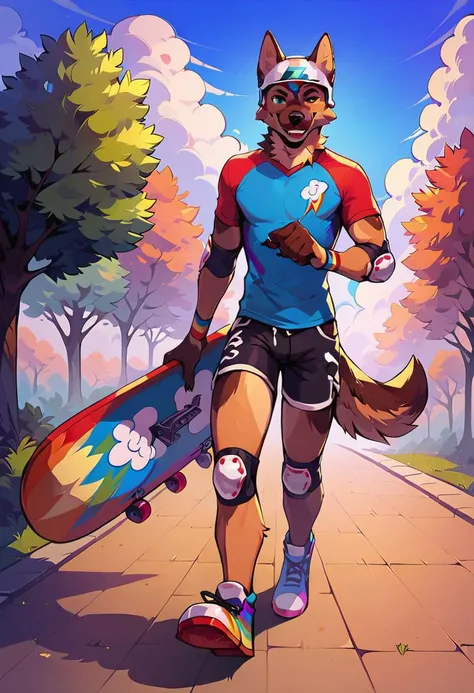 score_9, score_8_up,  (furry male), furry, anthro, perfect eyes, riding a skateboard in a park on sidewalk, sidelighting, depth of field , front view, full body view, raised eyebrow, seductive smile, rainbow shirt, rainbow shorts, running shoes, bike helme...