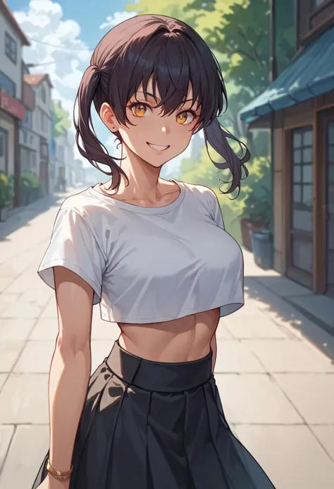 score_9, score_8_up, score_7_up, 1 girl, TamakiKotatsu, crop top, skirt, standing, smile