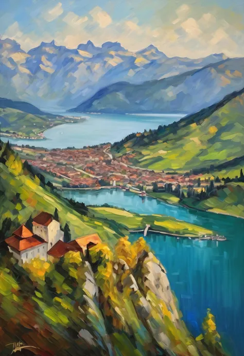 Oil painting score_9, score_8_up, score_7_up, Create a scene showing a panoramic landscape of Lucerne, Switzerland  as seen from aerial view from top of Mount Pilatus, thick textured brush strokes, portrait in style of Monet arts style, official art, vibra...