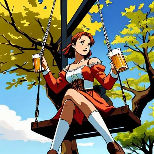 anime girl sitting on a swing with a beer in her hand