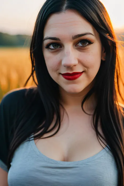 best quality raw photo of (Jan1n4R4m1r3z01:0.99), (in her forties:1.2), (dark eyeliner:1.4),(red lips:1.1), (smile:1.2), looking away, (oversized t--shirt:1.2), photo shot on Nikon D850, 16k, sharp focus, masterpiece, Hyper Detailed, breathtaking, atmosphe...