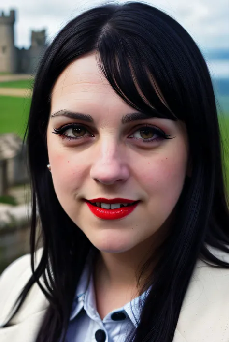 best quality raw photography of (Jan1n4R4m1r3z01:0.99), wearing a (wool coat:1.1), (smiling:1.1), (dark eyeliner:1.4),(red lips:1.1), ((british castle ruins in background)), RAW candid cinema, 16mm, color graded portra 400 film, remarkable color, ultra rea...