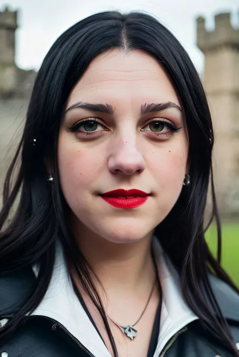 best quality raw photography of (Jan1n4R4m1r3z01:0.99), wearing a (wool coat:1.1), (smiling:1.1), (dark eyeliner:1.4),(red lips:1.1), ((british castle ruins in background)), RAW candid cinema, 16mm, color graded portra 400 film, remarkable color, ultra rea...