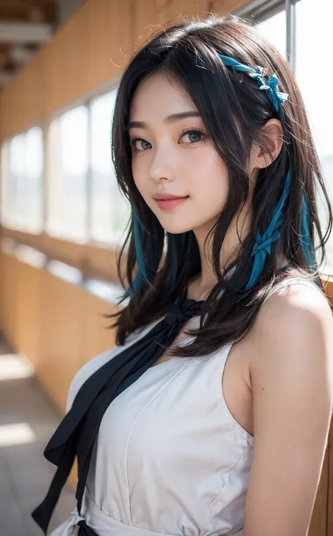 a close up of a woman with long hair wearing a white dress