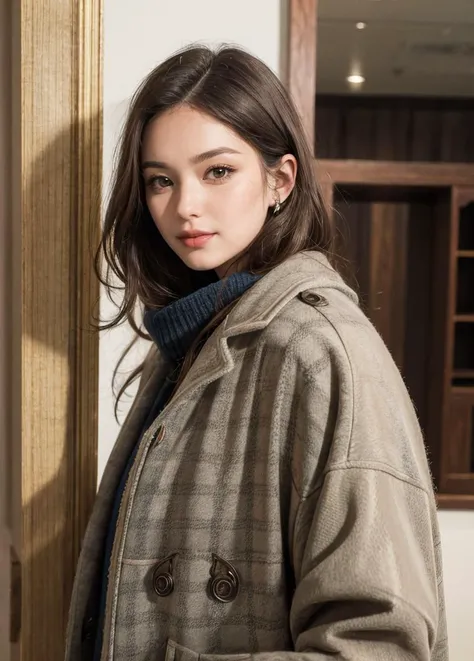 a woman standing in front of a door wearing a coat