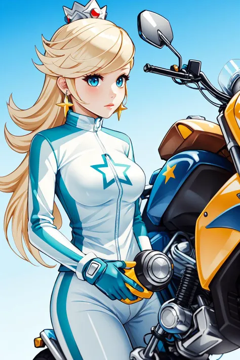 a close up of a woman in a white and blue outfit on a motorcycle