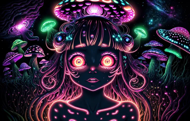 detailed closeup portrait,(masterpiece:1.1), [detailed shadows], (bioluminescent Psychedelic mushrooms:1.2), , human (yuri, nude, nsfw),  [height difference], [size difference], thin alien girl, [sweating] (adorable giant eyes, huge dilated pupils, @_@, [b...