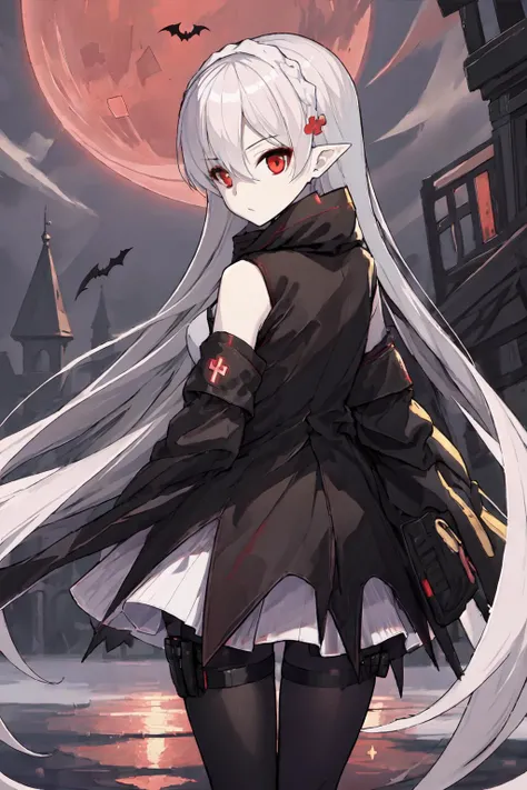 best quality, masterpiece, <lora:warfarinArknights_v10:0.8>, warfarin (arknights), black pantyhose, warfarin dress, solo, view from behind, shallow water, red moon, night sky, bat, shadow castle, thigh gap