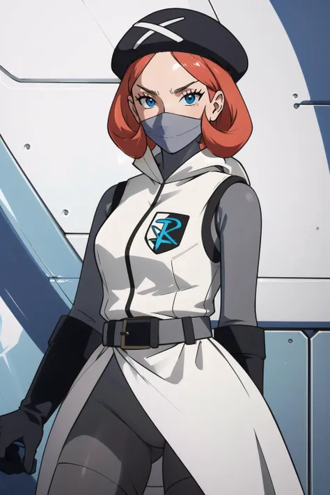 a woman in a uniform and a mask stands in front of a wall