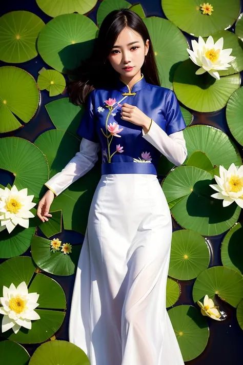 A girl wearing a Vietnamese ao dai stands in the middle of a lotus pond, her shirt is a little wet